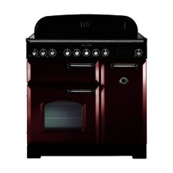 Rangemaster Classic Deluxe 90cm Electric Induction 90290 Range Cooker in Cranberry with Brass Trim and Induction Hob
